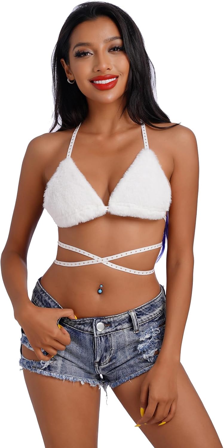 ABAFIP Women's Rave Furry Bra Top Strappy Halter Triangle Bralette Cami Tanks Festival Party Dance Hot Clubwear - Image 1